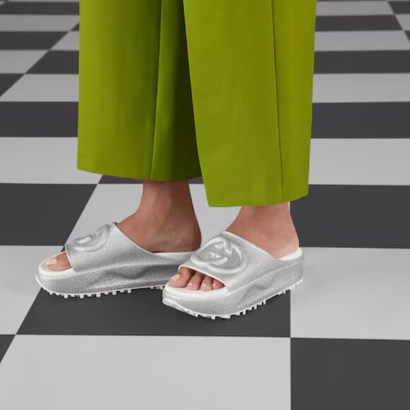 GUCCI SHOES MIAMI GG LOGO EMBOSSED GLITTERED RUBBER PLATFORM SLIDE sz 40 10 - Picture 2 of 15